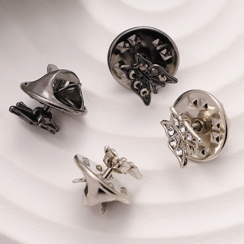 6.5mm Black Silver Metal Butterfly Brooch For Men's Shirts 10pcs - Lots of Buttons