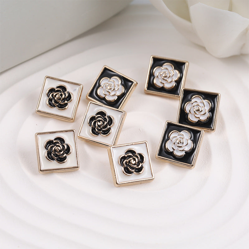 15mm Square Black and White Camellia Painted Metal Button 12 Pack - Lots of Buttons