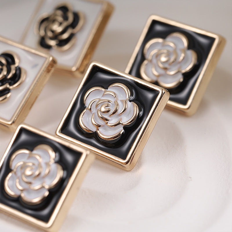 15mm Square Black and White Camellia Painted Metal Button 12 Pack - Lots of Buttons