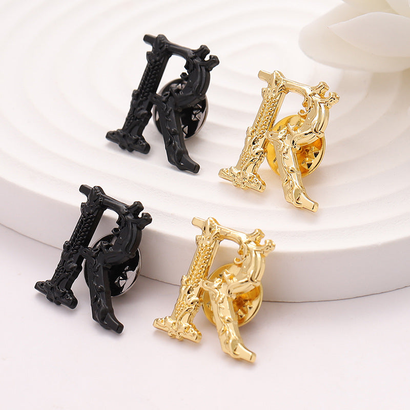 Black Gold Metal Brooch with Letter R - Suit Badge for Men 10pcs - Lots of Buttons