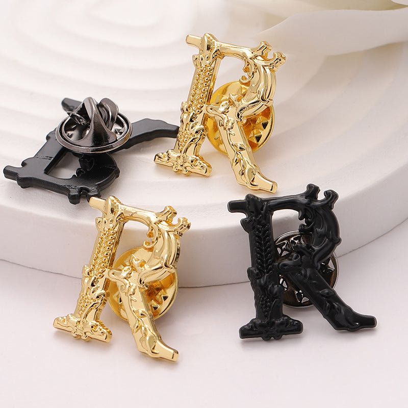 Black Gold Metal Brooch with Letter R - Suit Badge for Men 10pcs - Lots of Buttons