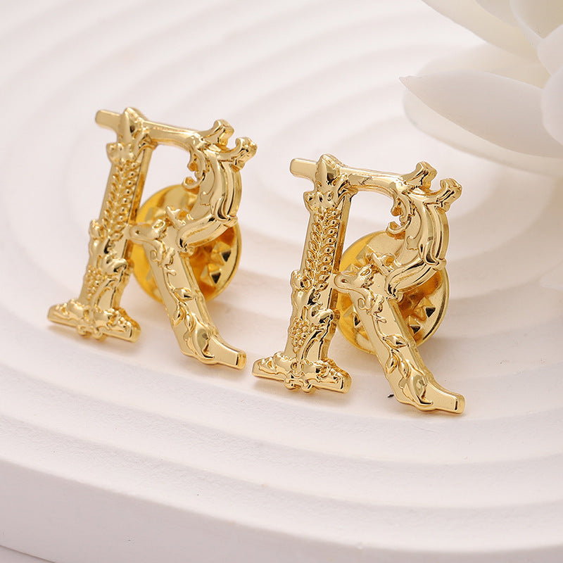 Black Gold Metal Brooch with Letter R - Suit Badge for Men 10pcs - Lots of Buttons