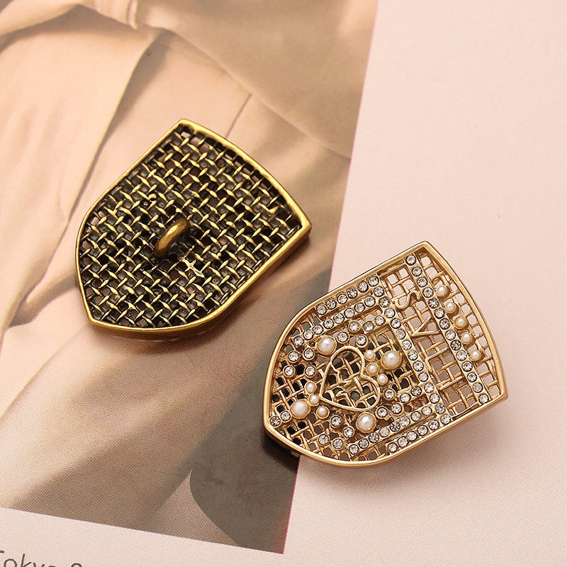 29mm British Palace Shield Shape Diamond Pearl Metal Button 2pcs - Lots of Buttons