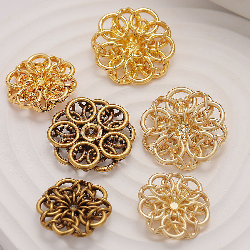 Retro Gold Linked Rings Flower Shape Hand-Sewn Metal Button 5pcs - Lots of Buttons