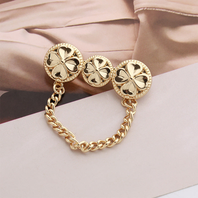 Golden Chain 3 Four-Leaf Clover Alloy Brooch Decorative Pin 2pcs - Lots of Buttons