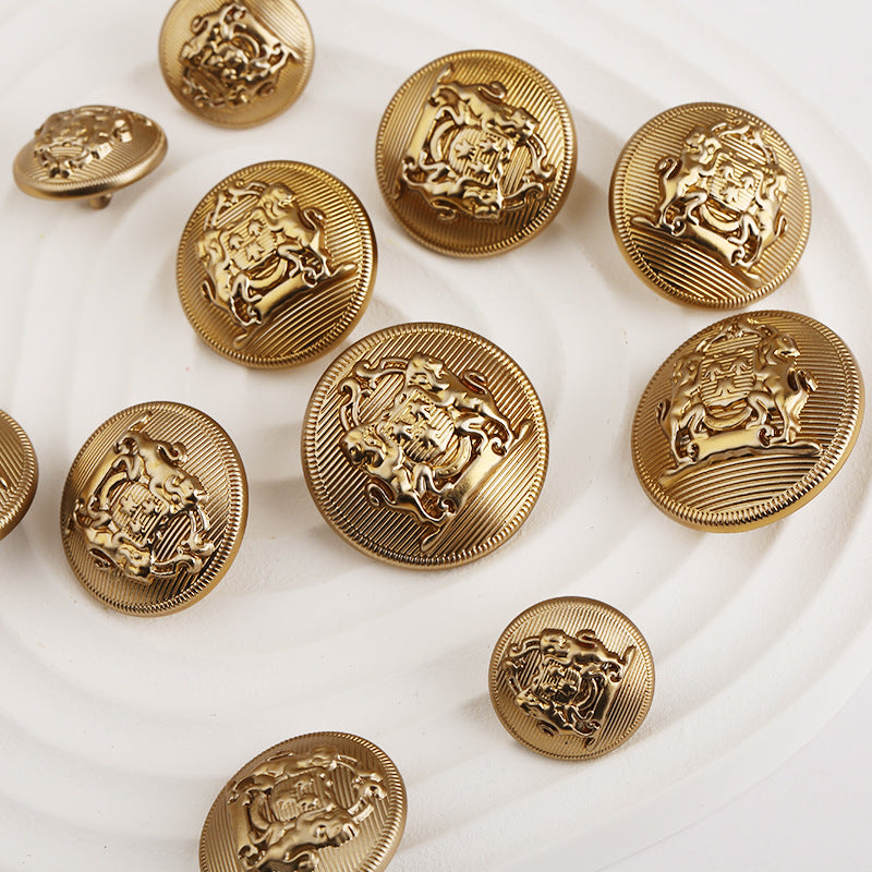 British College Style Double Lions Solid Round Gold Metal Button 6pcs - Lots of Buttons