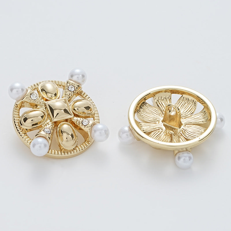 23mm Diamond-Inlaid Pearl Hollow Floral Sewing Metal Button 5pcs - Lots of Buttons