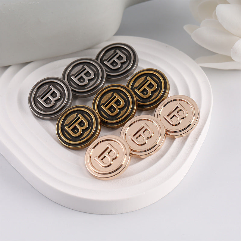 Round Vintage Metal Sewing Button with Letter B Pattern 15 Pack - Lots of Buttons