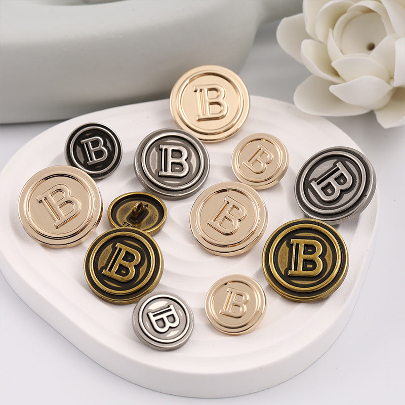 Round Vintage Metal Sewing Button with Letter B Pattern 15 Pack - Lots of Buttons