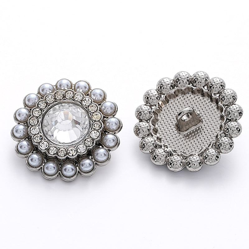 23mm Sunflower Shape Full Diamond Pearl Silver Metal Button 5pcs - Lots of Buttons