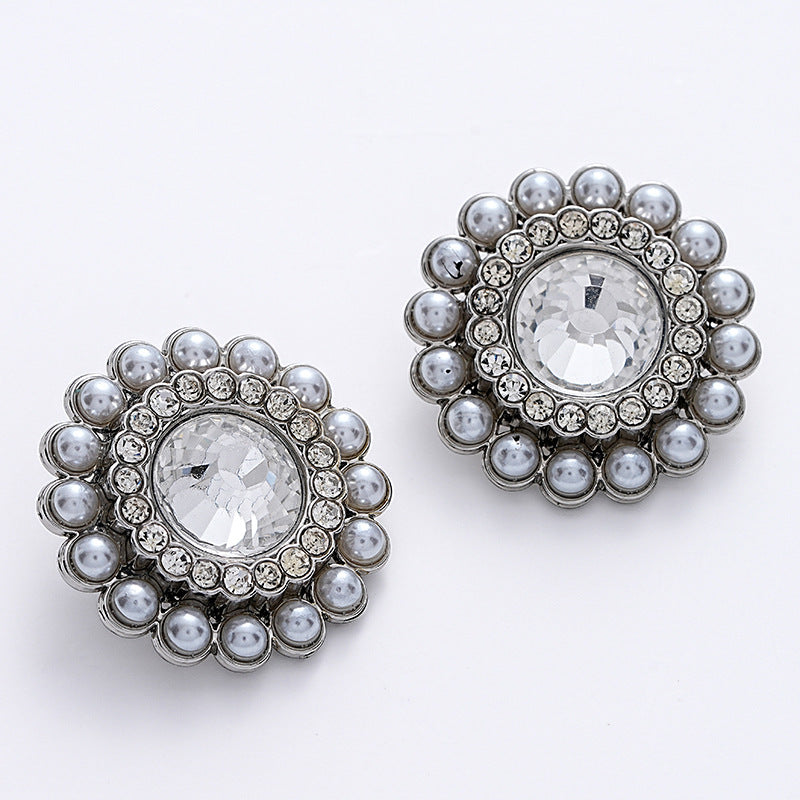 23mm Sunflower Shape Full Diamond Pearl Silver Metal Button 5pcs - Lots of Buttons