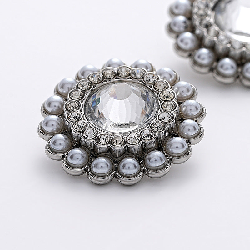23mm Sunflower Shape Full Diamond Pearl Silver Metal Button 5pcs - Lots of Buttons