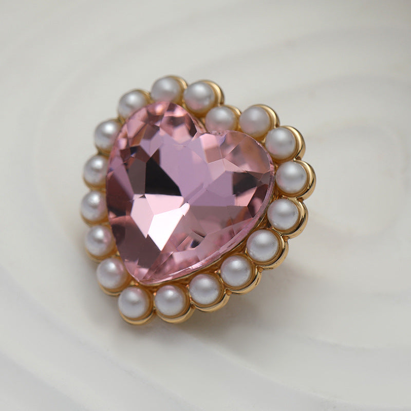 20mm Pink Diamond Heart with Pearl Edge Metal Button 10pcs - Lots of Buttons