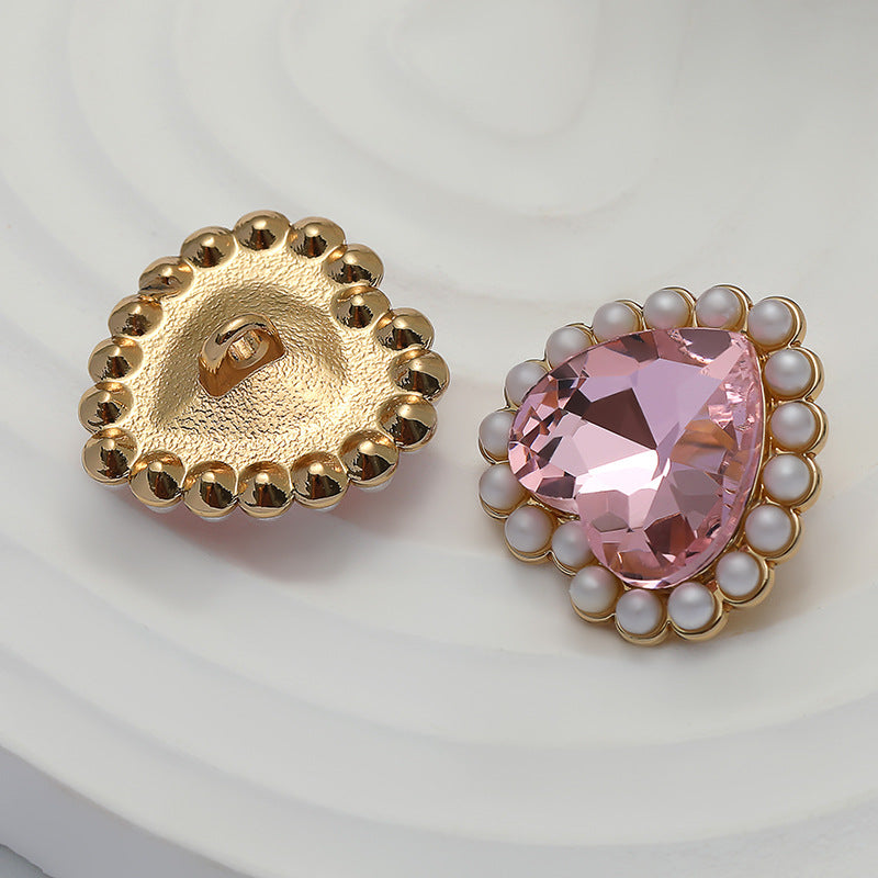 20mm Pink Diamond Heart with Pearl Edge Metal Button 10pcs - Lots of Buttons