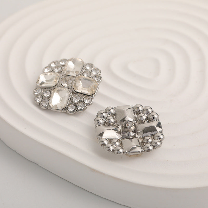 23mm Noble Square  Crystal Diamonds Silver Metal Button 5pcs - Lots of Buttons