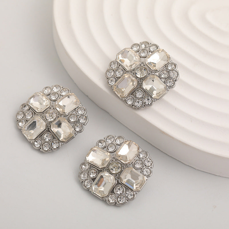 23mm Noble Square  Crystal Diamonds Silver Metal Button 5pcs - Lots of Buttons