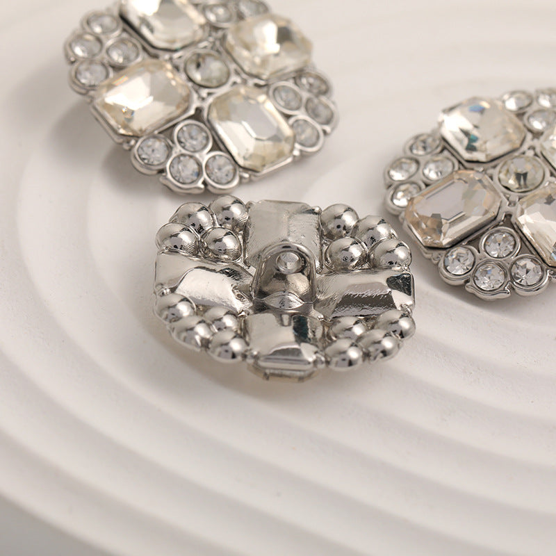 23mm Noble Square  Crystal Diamonds Silver Metal Button 5pcs - Lots of Buttons