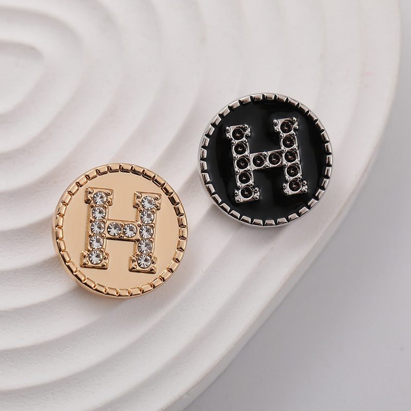 20mm Round Metal Shank Button with Letter H and Rhinestones 8pcs - Lots of Buttons