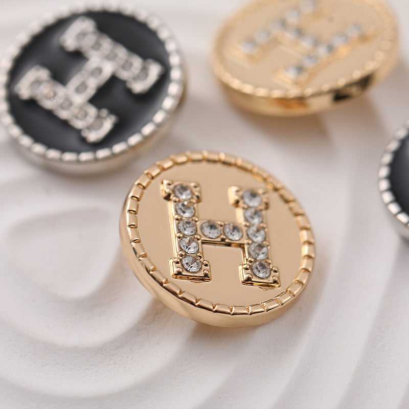 20mm Round Metal Shank Button with Letter H and Rhinestones 8pcs - Lots of Buttons