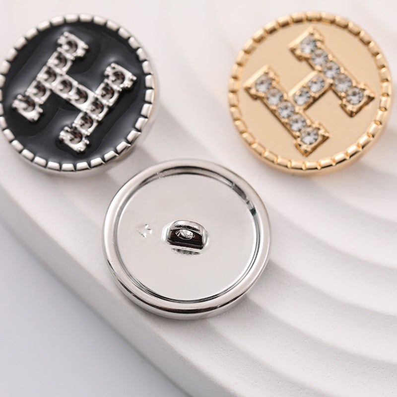 20mm Round Metal Shank Button with Letter H and Rhinestones 8pcs - Lots of Buttons