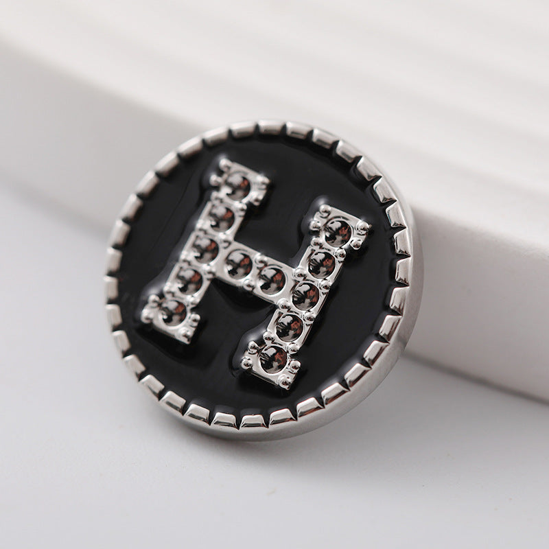 20mm Round Metal Shank Button with Letter H and Rhinestones 8pcs - Lots of Buttons