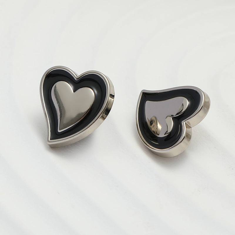 11mm Heart-Shaped Black Oil-Dipped Silver Metal Button 20pcs - Lots of Buttons