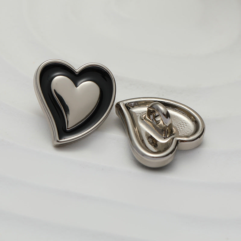 11mm Heart-Shaped Black Oil-Dipped Silver Metal Button 20pcs - Lots of Buttons