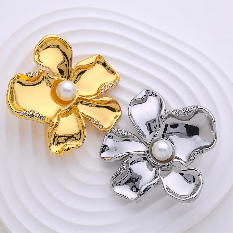 French Gold Chrome-Plated Pearl Flower Brooch Pin 2 Pack - Lots of Buttons