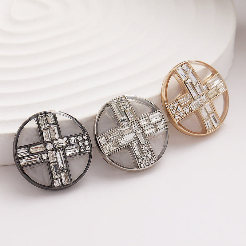 Round Transparent Diamond Cross Metal Buttons 3pcs - Lots of Buttons