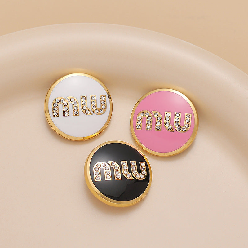 Round Metal Sewing Button MIU Diamonds Black White Pink Lacquer 3pcs - Lots of Buttons