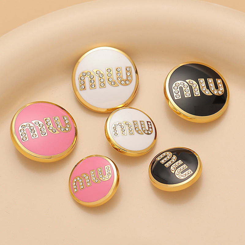 Round Metal Sewing Button MIU Diamonds Black White Pink Lacquer 3pcs - Lots of Buttons