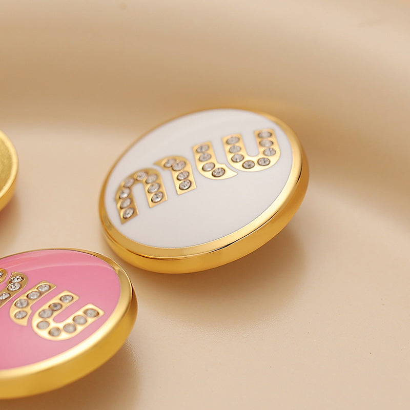 Round Metal Sewing Button MIU Diamonds Black White Pink Lacquer 3pcs - Lots of Buttons