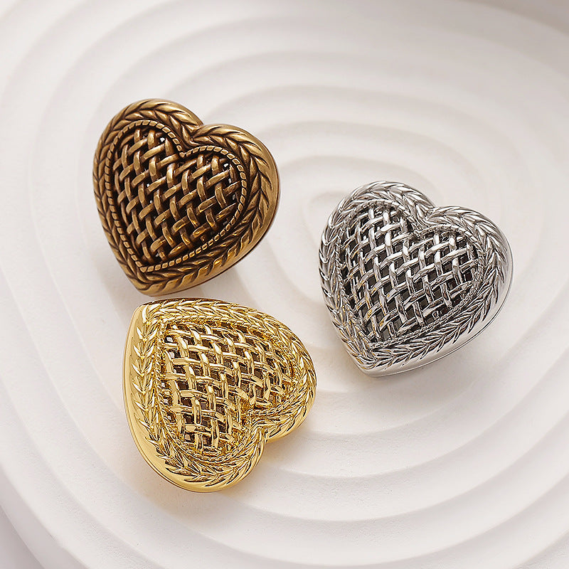 Retro Woven Hollow Heart-Shaped Metal Decorative Button 6pcs - Lots of Buttons