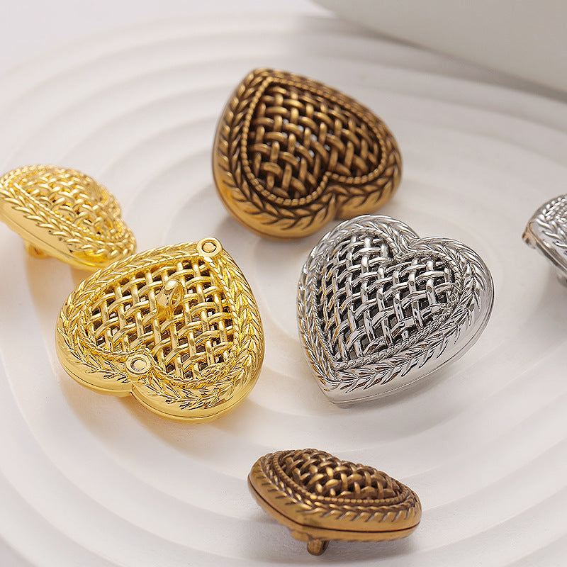 Retro Woven Hollow Heart-Shaped Metal Decorative Button 6pcs - Lots of Buttons