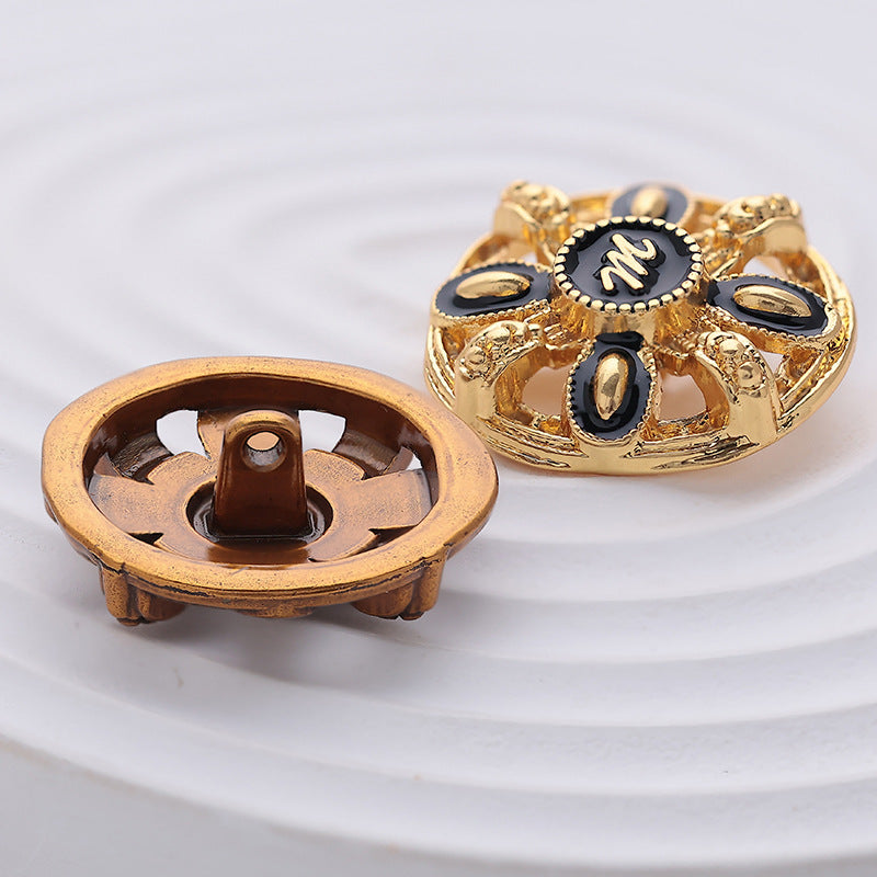 Letter M Vintage Gold Round Pattern Hollow Metal Button 6pcs - Lots of Buttons