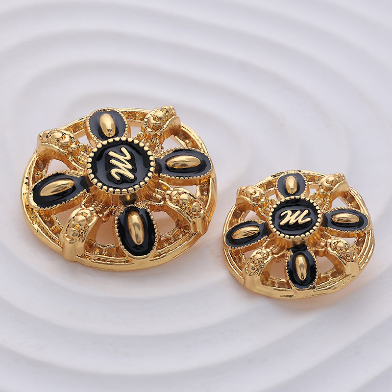Letter M Vintage Gold Round Pattern Hollow Metal Button 6pcs - Lots of Buttons
