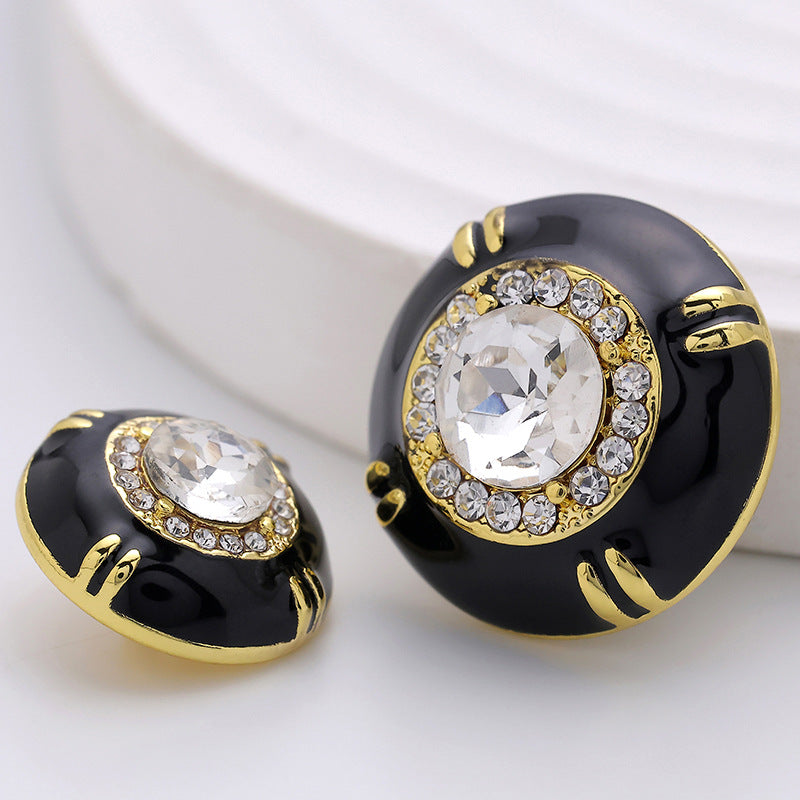 Black White Gold-Trimmed Diamond Metal Epoxy Sewing Button 6pcs