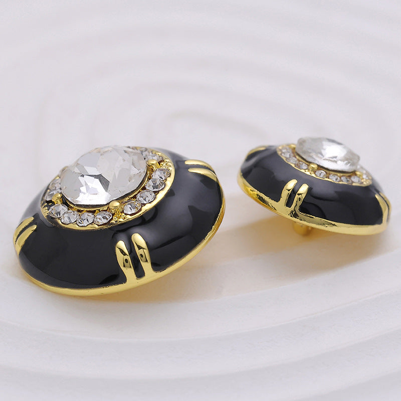 Black White Gold-Trimmed Diamond Metal Epoxy Sewing Button 6pcs