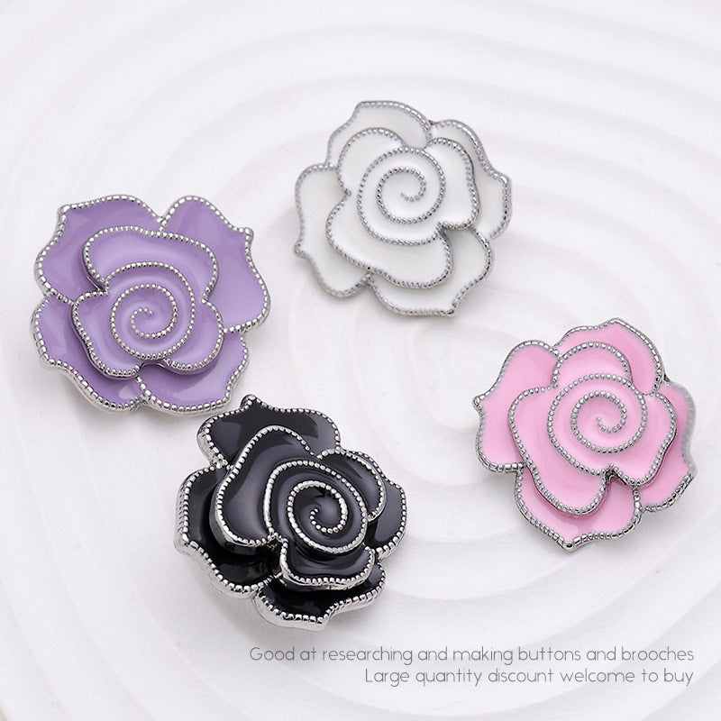 3D Camellia White Black Pink Purple Metal Button 5pcs - Lots of Buttons