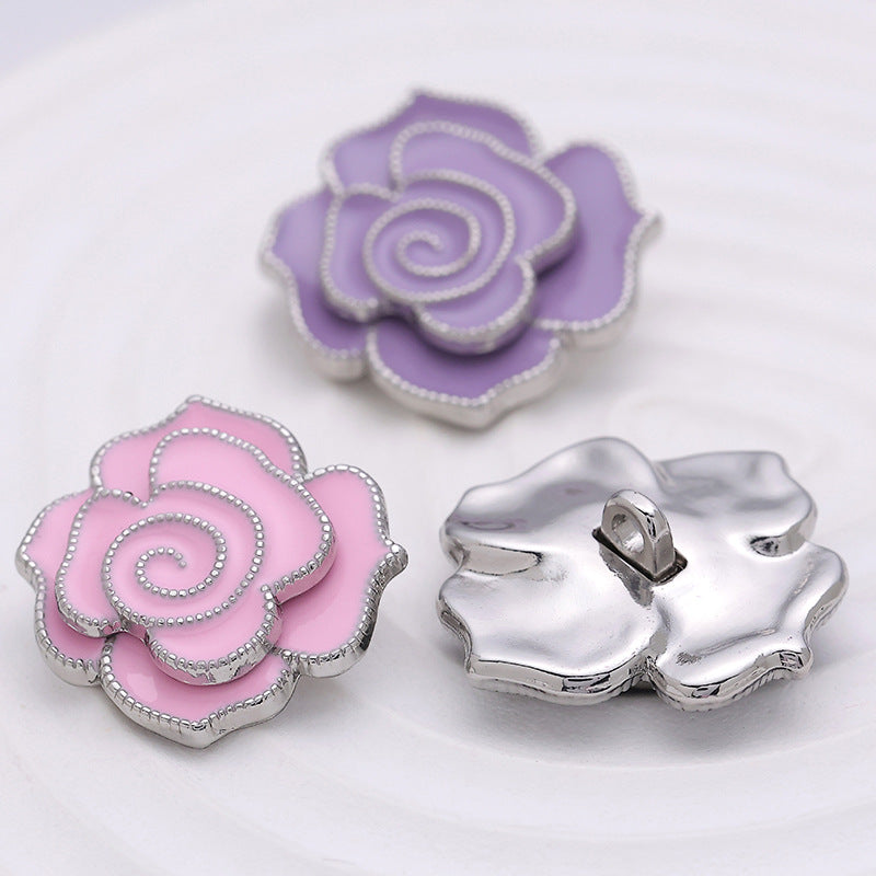 3D Camellia White Black Pink Purple Metal Button 5pcs - Lots of Buttons