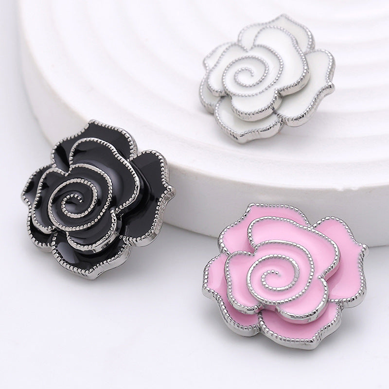 3D Camellia White Black Pink Purple Metal Button 5pcs - Lots of Buttons