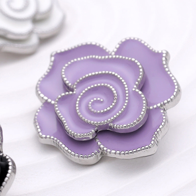 3D Camellia White Black Pink Purple Metal Button 5pcs - Lots of Buttons