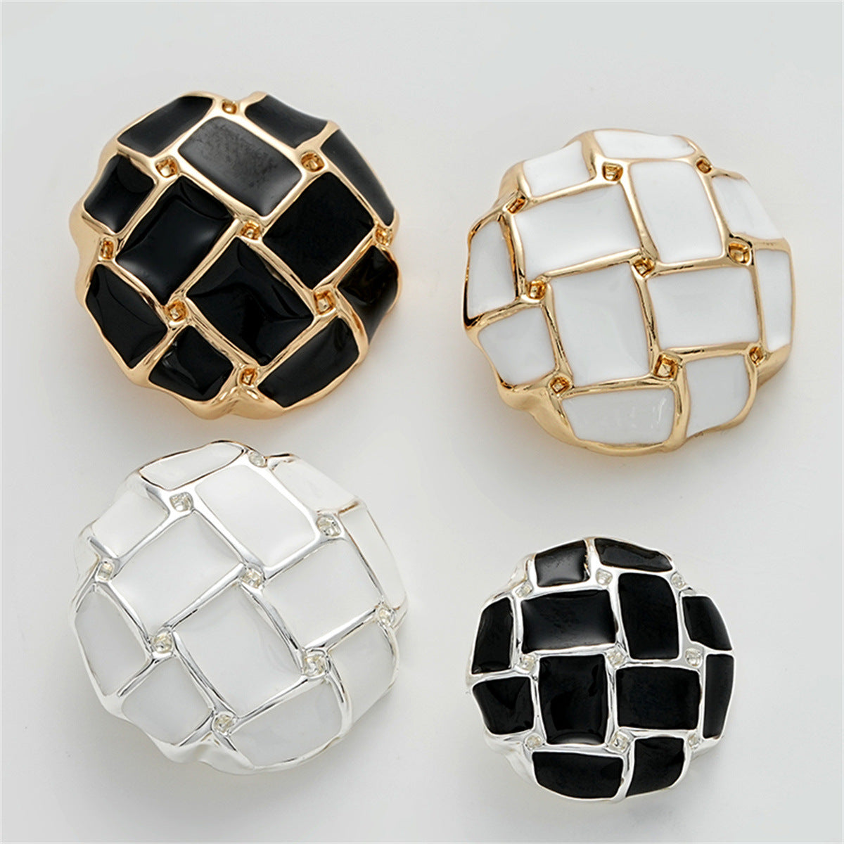 Black White Grid Epoxy Mushroom Diamond Metal Button 5pcs - Lots of Buttons