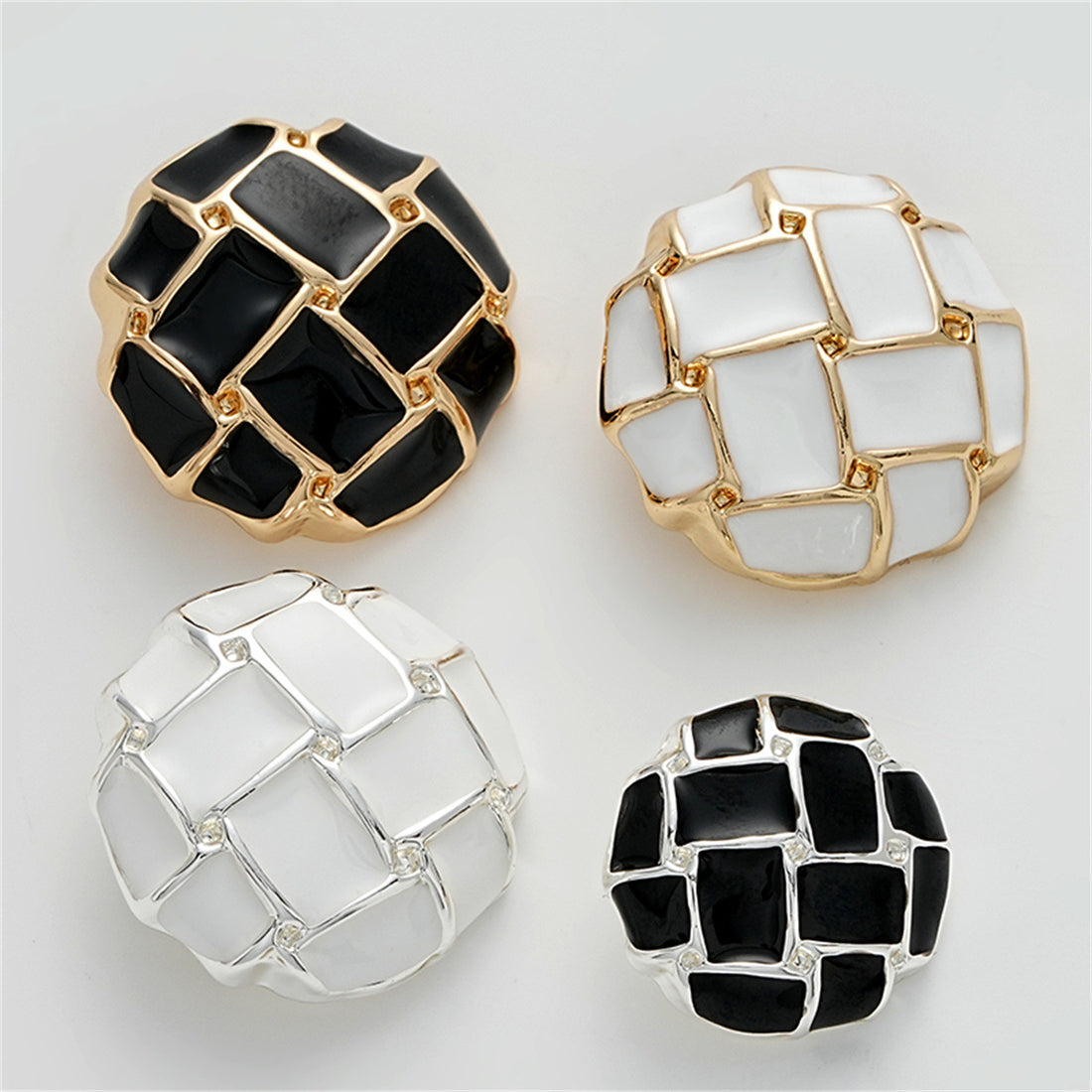 Black White Grid Epoxy Mushroom Diamond Metal Button 5pcs - Lots of Buttons