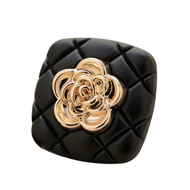 Black Checkered Square Metal Button with Golden Camellia 6pcs - Lots of Buttons