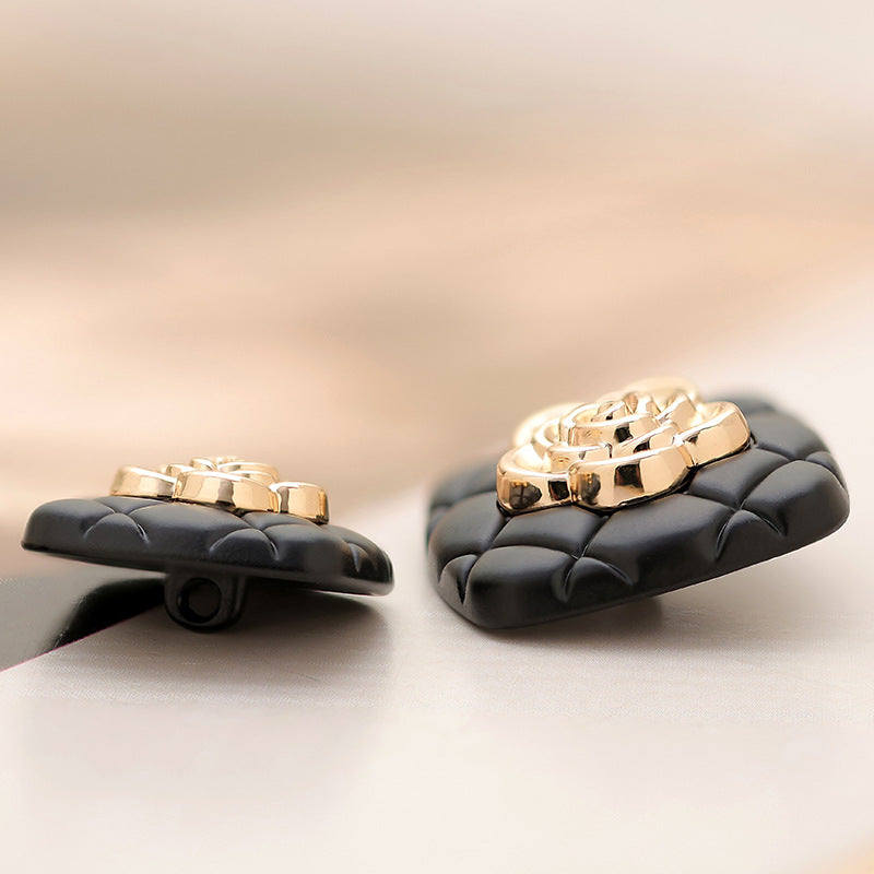 Black Checkered Square Metal Button with Golden Camellia 6pcs - Lots of Buttons