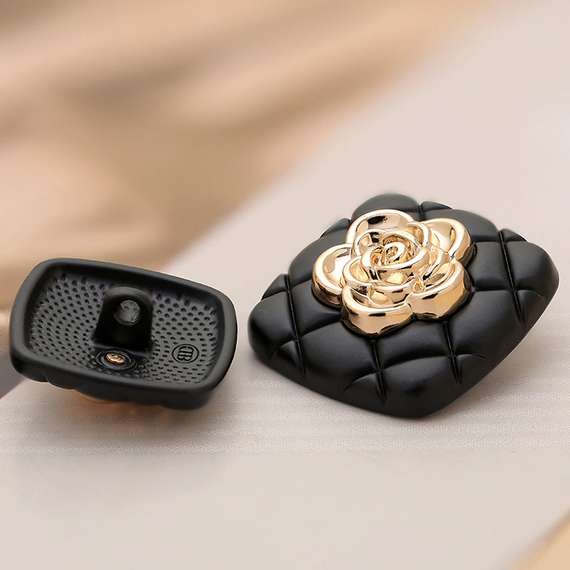 Black Checkered Square Metal Button with Golden Camellia 6pcs - Lots of Buttons