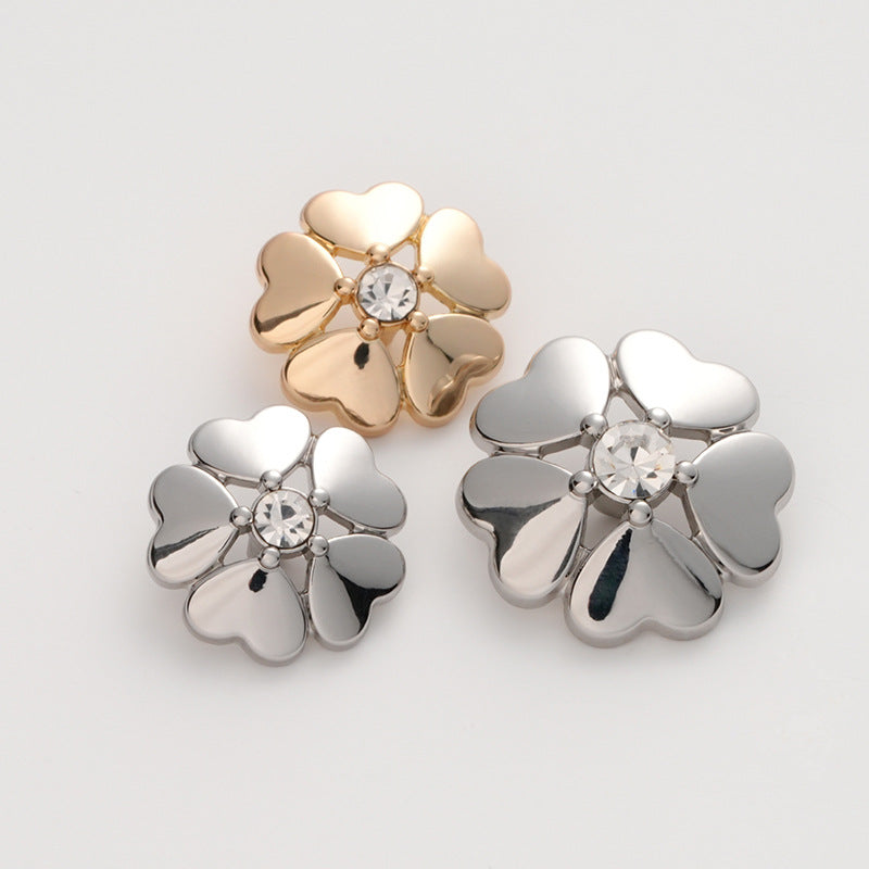 Metal Heart-Shaped Five-Leaf Clover Flower Diamond Button 6pcs - Lots of Buttons