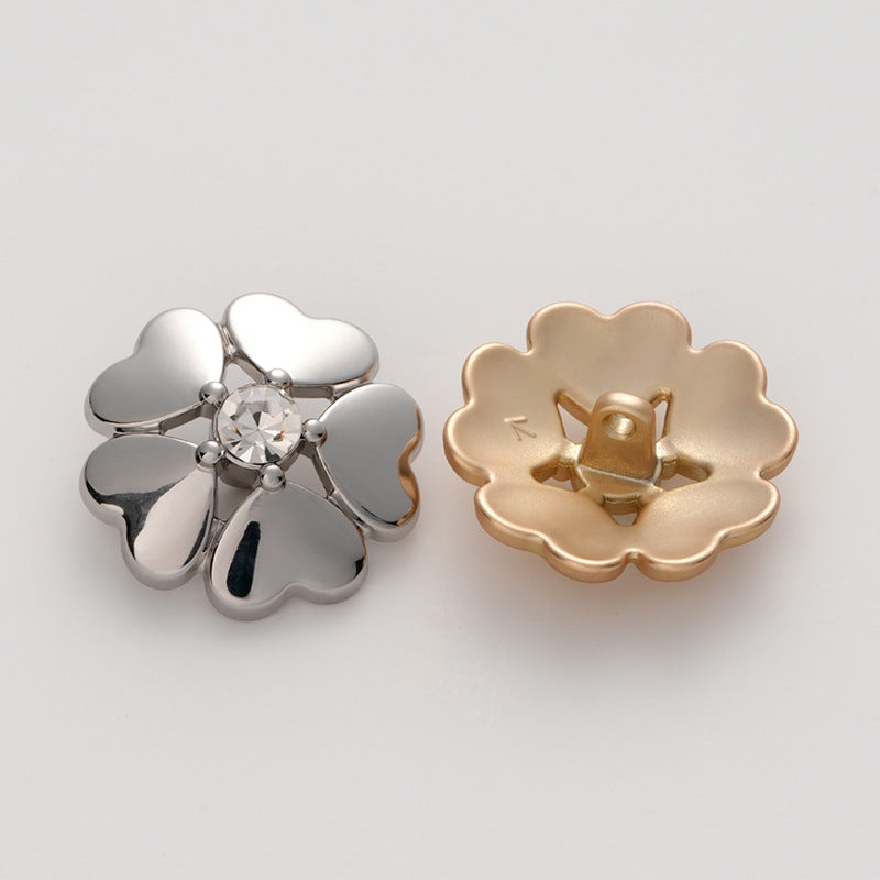 Metal Heart-Shaped Five-Leaf Clover Flower Diamond Button 6pcs - Lots of Buttons