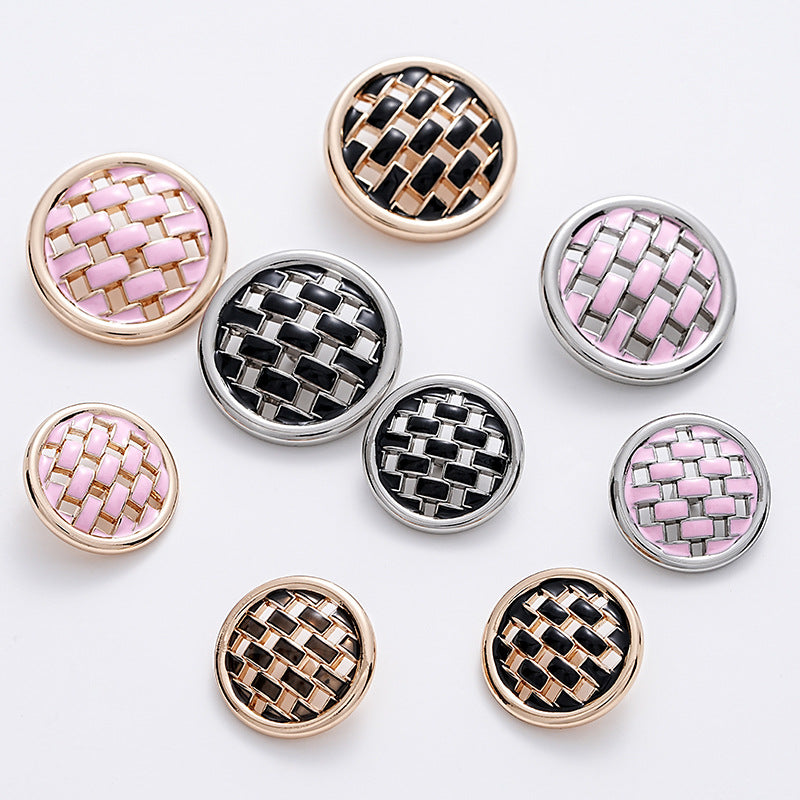 Pink and Black Woven Grid Oiled Metal Clothing Button 5pcs - Lots of Buttons